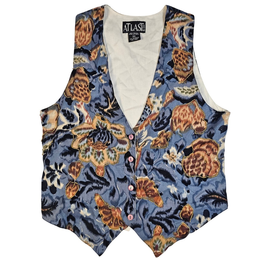 Atlast & Co Vintage Beaded Floral Tapestry Vest Blue Brown Rayon Womens Medium